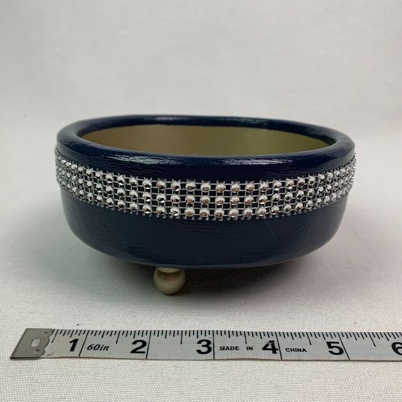 Wood Trinket Bowl Hand Painted Blue Metallic Silver Jeweled Repurposed Crafted - Picture 2 of 10
